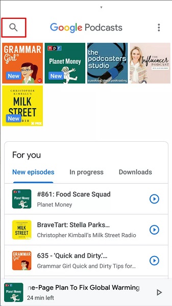 Поиск подкастов в приложении Google Podcasts